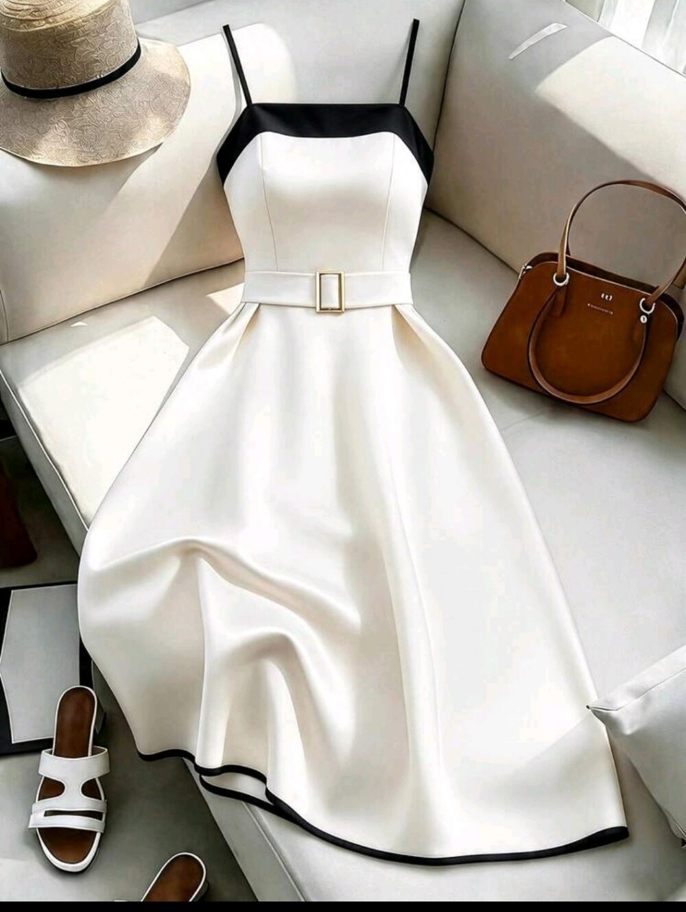 SALE ** BRAND NEW ** Elegant White A-Line Dress with Black Trim